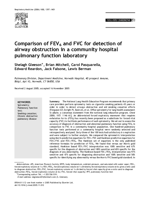 (PDF) Comparison of FEV6 and FVC for detection of airway obstruction in ...