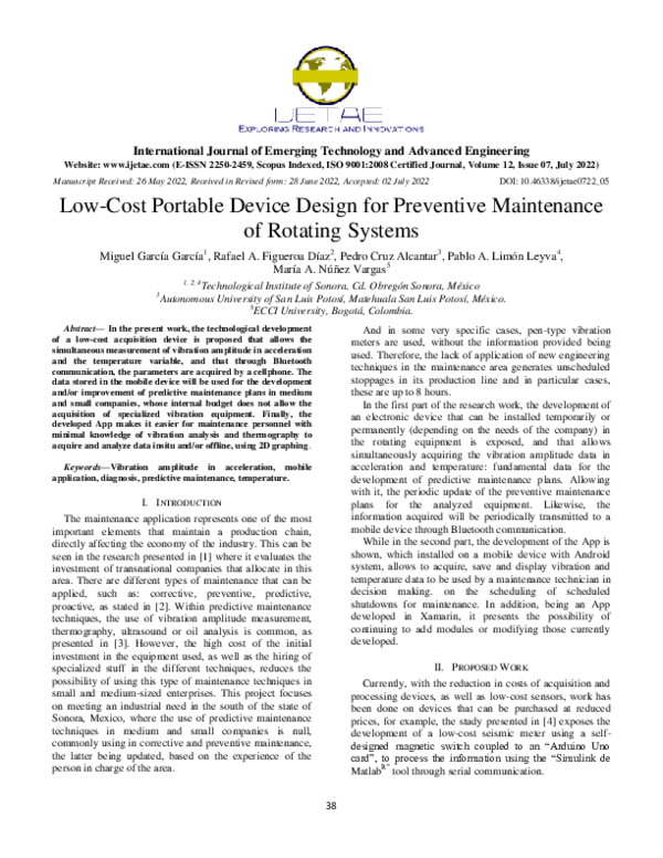 (PDF) Low-Cost Portable Device Design for Preventive Maintenance of ...