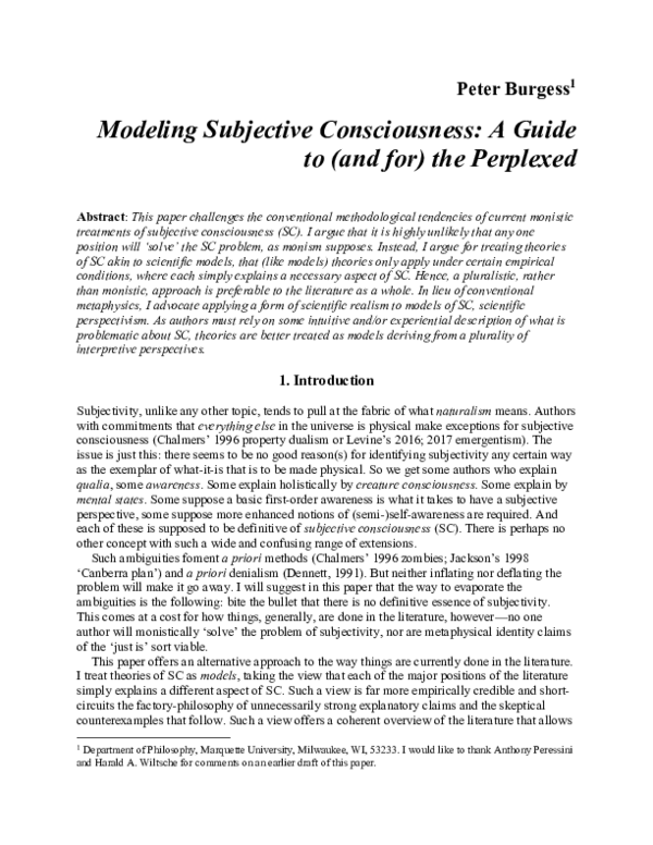 (PDF) Modelling Subjective Consciousness: A Guide for the Perplexed