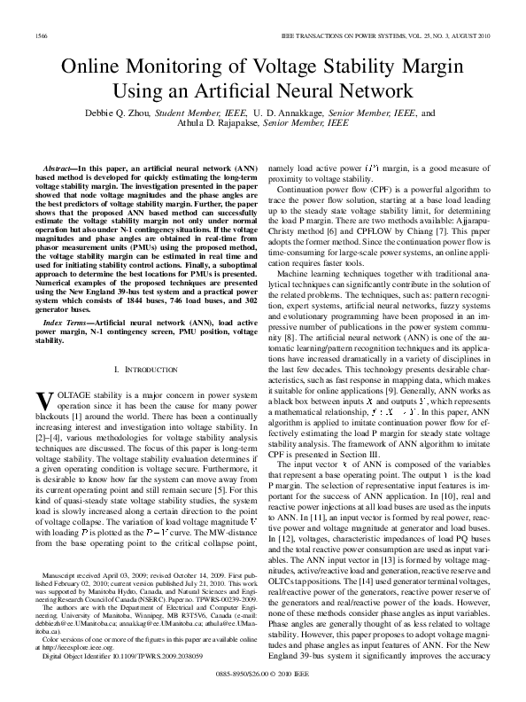 (PDF) Online monitoring of voltage stability margin using an Artificial ...