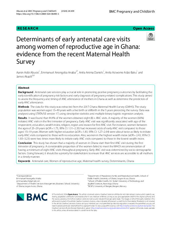 (PDF) Determinants of early antenatal care visits among women of ...