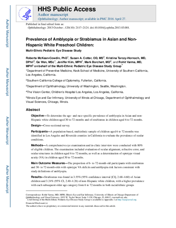 (PDF) Prevalence of Amblyopia or Strabismus in Asian and Non-Hispanic ...