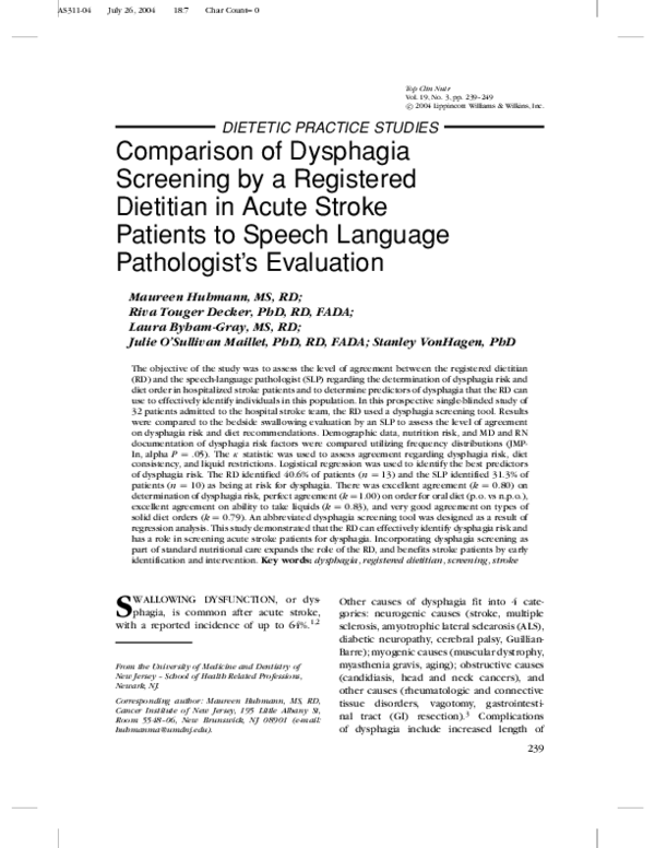 (PDF) Comparison of Dysphagia Screening by a Registered Dietitian in ...