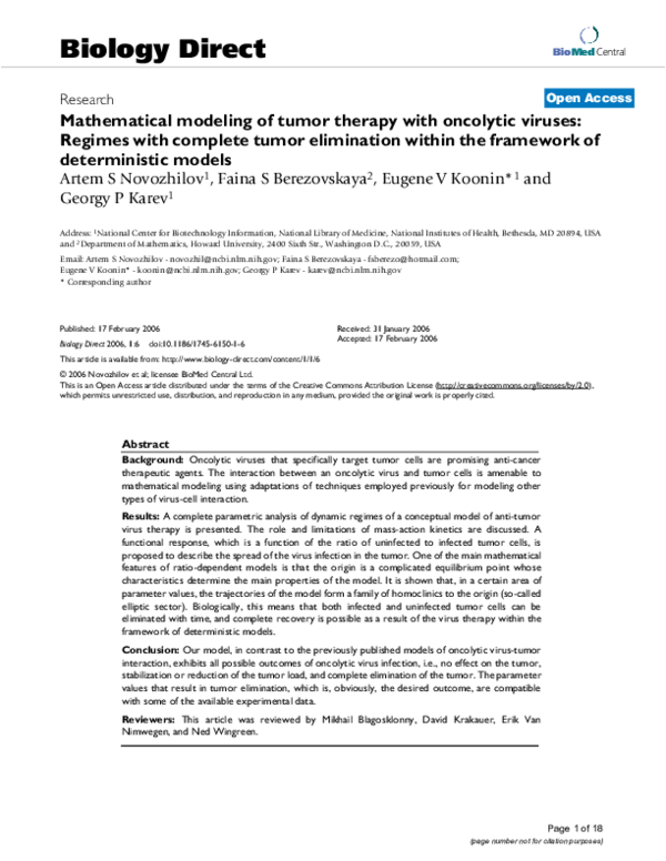(PDF) Mathematical modeling of tumor therapy with oncolytic viruses ...