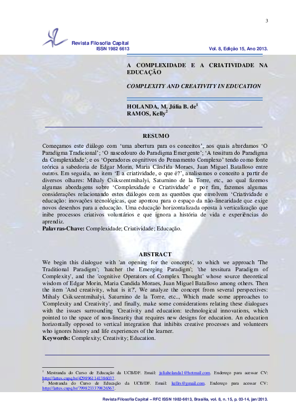 (PDF) A Complexidade e a Criatividade Na Educação