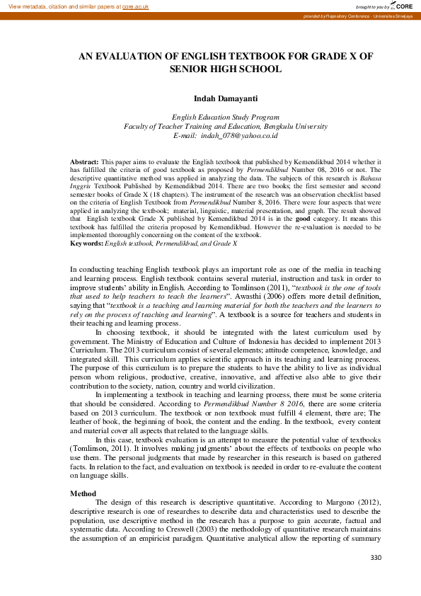 (PDF) An Evaluation of English Textbook for Grade X of Senior High School