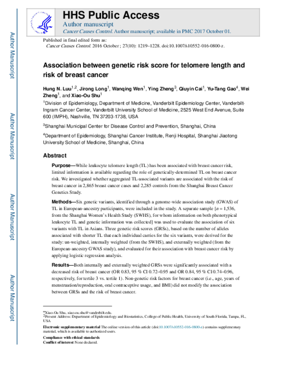 (PDF) Association between genetic risk score for telomere length and ...