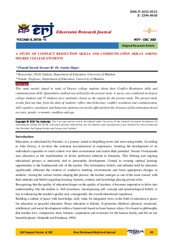 (PDF) A Study of Conflict Resolution Skills and Communication Skills ...