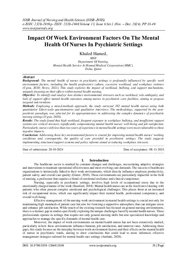 (PDF) Impact Of Work Environment Factors On The Mental Health Of Nurses ...