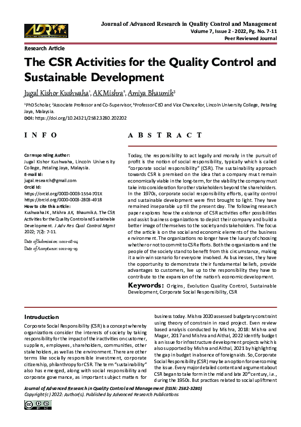 (PDF) The CSR Activities for the Quality Control and Sustainable ...