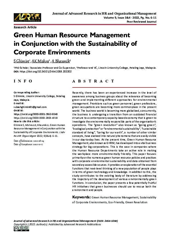 (PDF) Green Human Resource Management in Conjunction with the ...