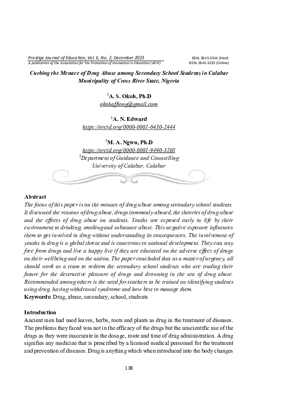 (PDF) Curbing the Menace of Drug Abuse among Secondary School Students ...