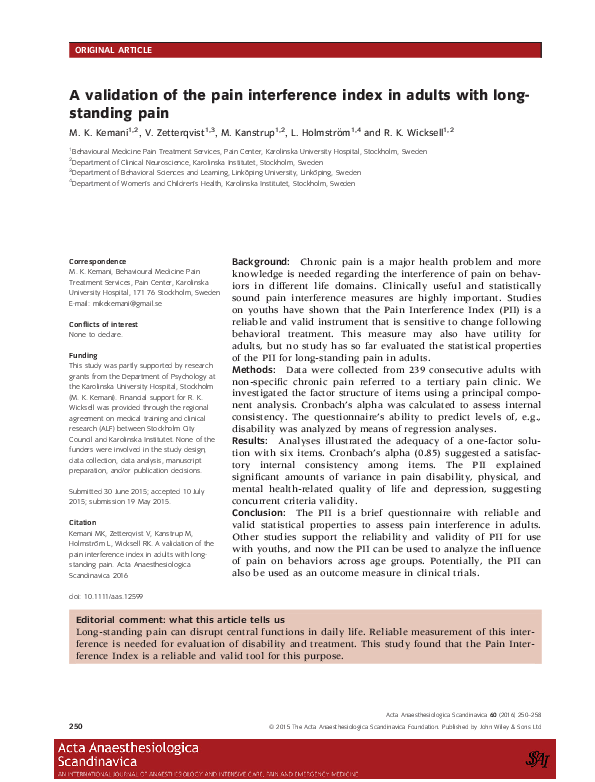 (PDF) A validation of the pain interference index in adults with long ...