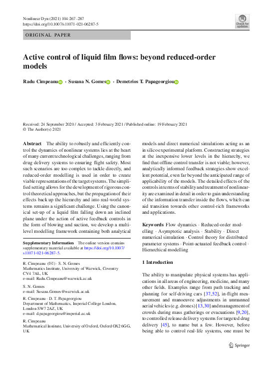 (PDF) Active control of liquid film flows: beyond reduced-order models