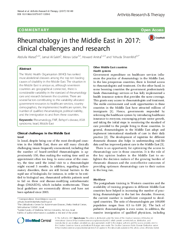 (PDF) Rheumatology in the Middle East in 2017: clinical challenges and ...