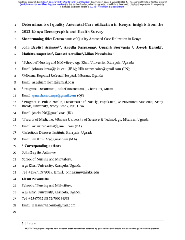 (PDF) Determinants of quality Antenatal Care utilization in Kenya ...