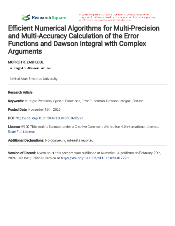 (PDF) Efficient Numerical Algorithms for Multi-Precision and Multi ...