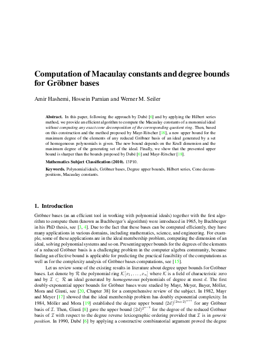 (PDF) Computation of Macaulay constants and degree bounds for Gröbner bases
