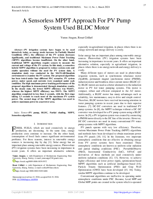 (PDF) A Sensorless MPPT Approach For PV Pumb System Used BLDC Motor