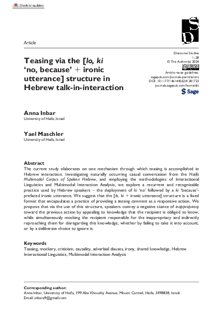 (PDF) Inbar, Anna and Maschler, Yael. (2024). Teasing via the [lo, ki ...