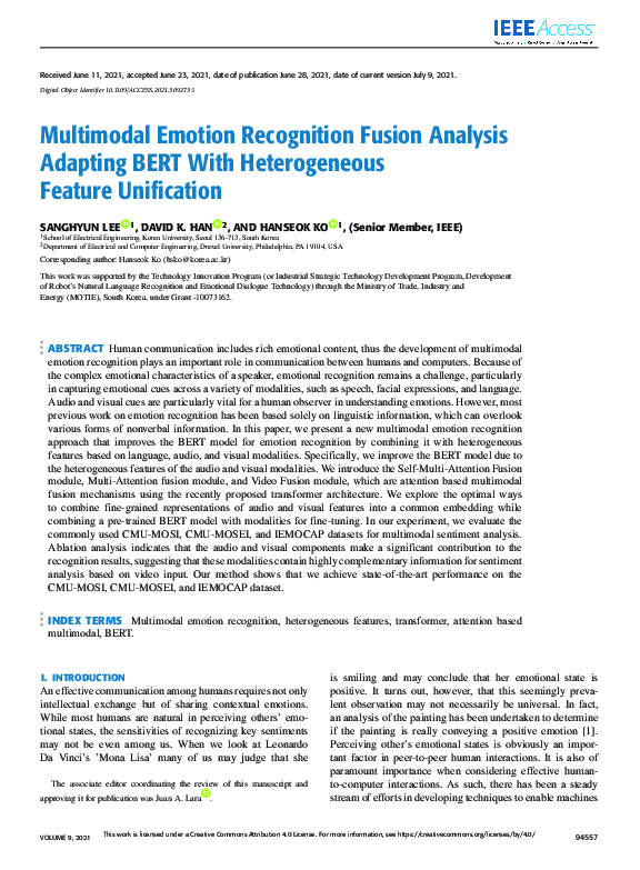 (PDF) Multimodal Emotion Recognition Fusion Analysis Adapting BERT With ...
