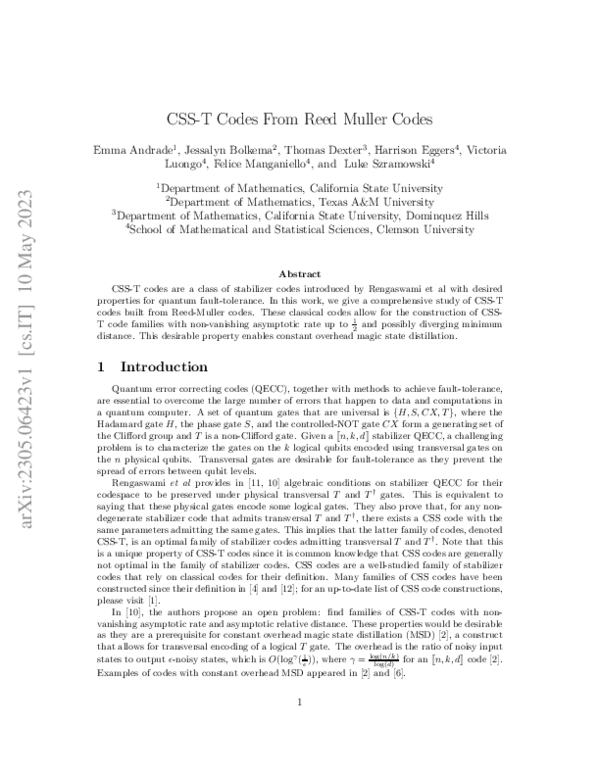 (PDF) CSS-T Codes from Reed Muller Codes for Quantum Fault Tolerance