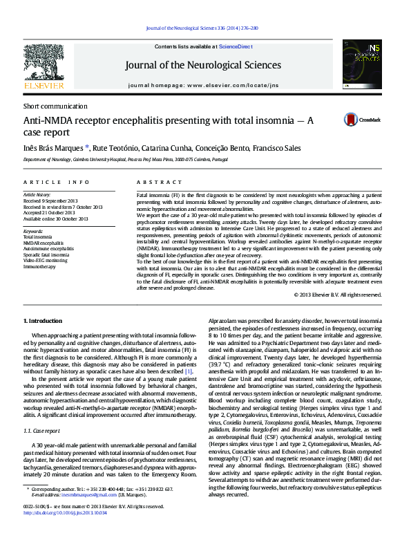 (PDF) Anti-NMDA receptor encephalitis presenting with total insomnia ...