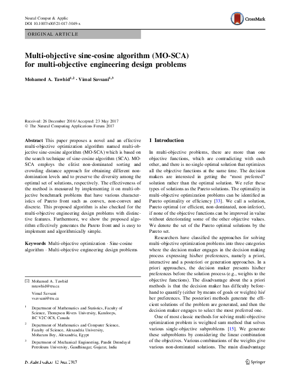 (PDF) Multi-objective sine-cosine algorithm (MO-SCA) for multi ...