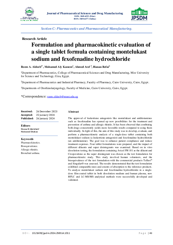 (PDF) Formulation and pharmacokinetic evaluation of a single tablet ...