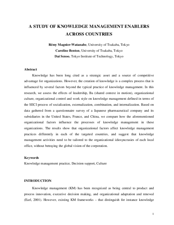 (PDF) A study of knowledge management enablers across countries