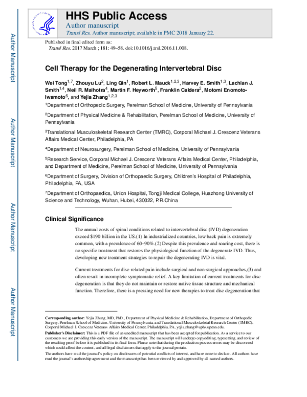 (PDF) Cell therapy for the degenerating intervertebral disc