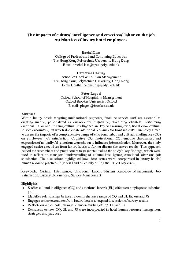 (PDF) The impacts of cultural intelligence and emotional labor on the ...