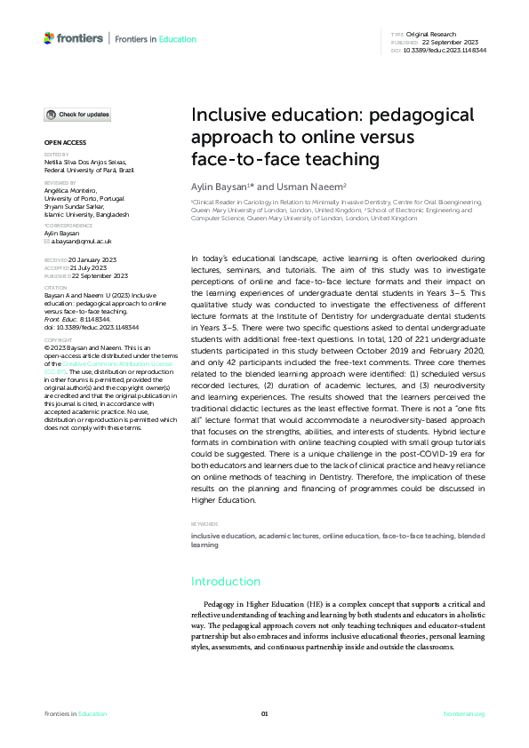 (PDF) Inclusive education: pedagogical approach to online versus face ...