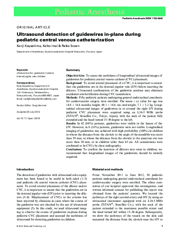 (PDF) Ultrasound detection of guidewires in-plane during pediatric ...