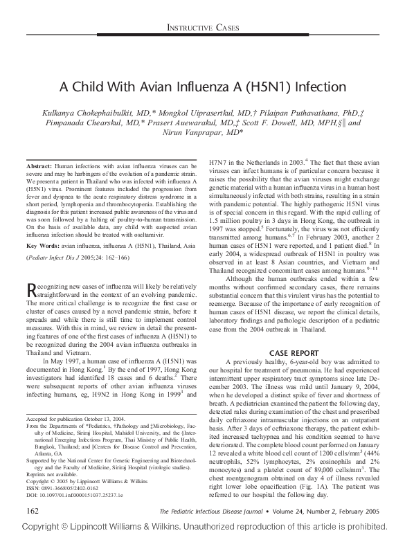 (PDF) A Child With Avian Influenza A (H5N1) Infection