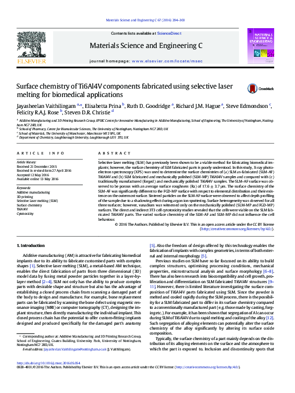 (PDF) Surface chemistry of Ti6Al4V components fabricated using ...