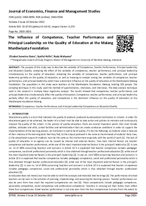 (PDF) The Influence of Competence, Teacher Performance and Principal ...