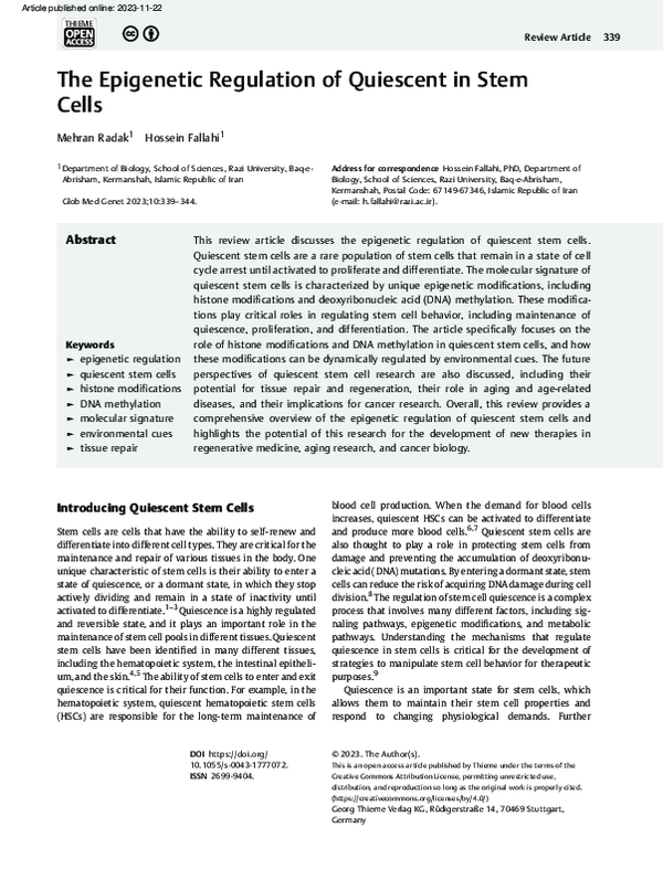 (PDF) The Epigenetic Regulation of Quiescent in Stem Cells