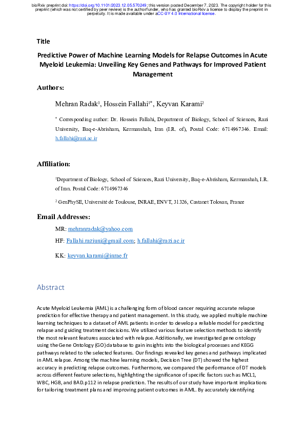 (PDF) Predictive Power of Machine Learning Models for Relapse Outcomes ...