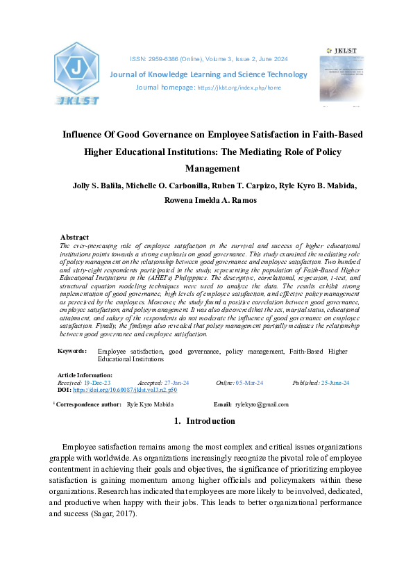 (PDF) Influence Of Good Governance on Employee Satisfaction in Faith ...