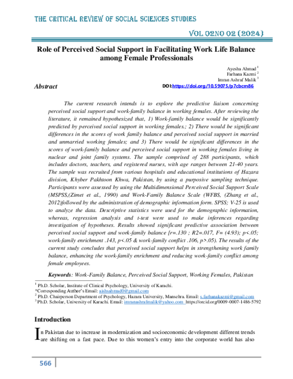 (PDF) Role of Perceived Social Support in Facilitating Work Life ...