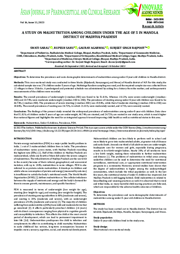 (PDF) A Study on Malnutrition Among Children Under the Age of 5 in ...