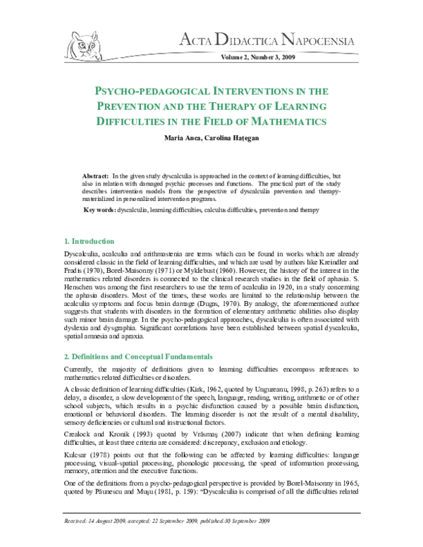 (PDF) Psycho-Pedagogical Interventions in the Prevention and the ...