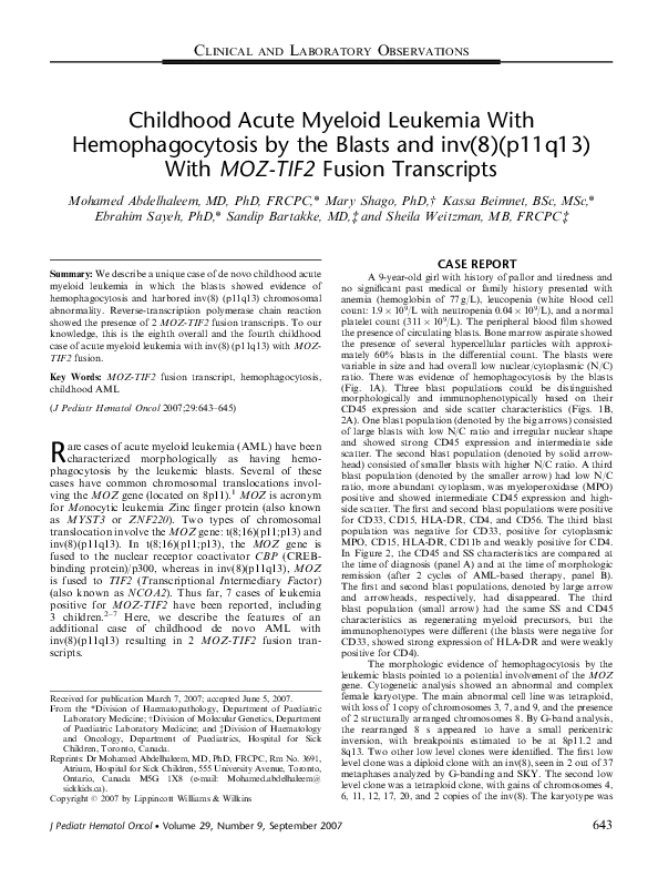 (PDF) Childhood Acute Myeloid Leukemia With Hemophagocytosis by the ...
