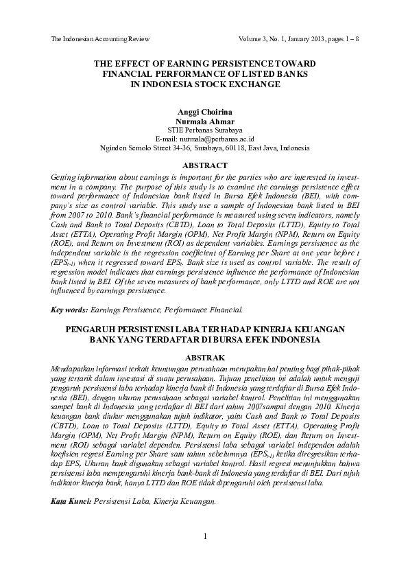 (PDF) The Effect of Earning Persistence Toward Financial Performance of ...
