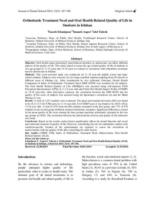 (PDF) Orthodontic Treatment Need and Oral Health Related Quality of ...