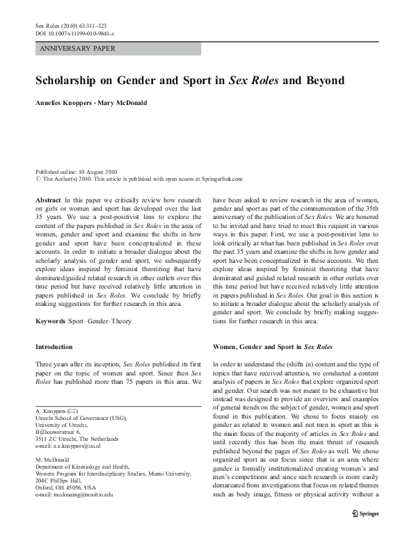 (PDF) Scholarship on Gender and Sport in Sex Roles and Beyond