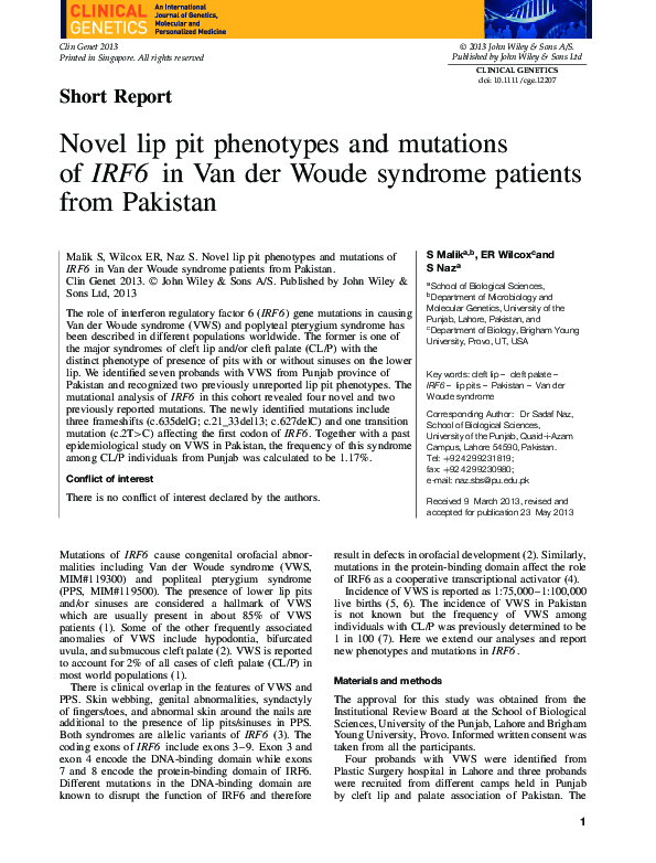(PDF) Novel lip pit phenotypes and mutations of IRF6 in Van der Woude ...