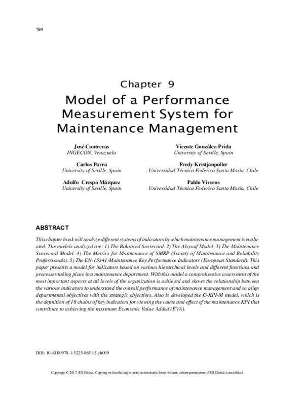 (PDF) Model of a Performance Measurement System for Maintenance Management