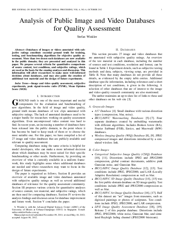 (PDF) Analysis of Public Image and Video Databases for Quality Assessment